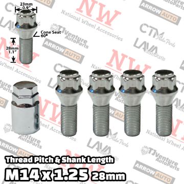 Show details for 1-Set | Chrome | 14x1.25 Thread | 28mm Shank | Cone Seat | 5-Point Anti-Thieft Wheel Lock Lug Bolts | Fit BMW Mini Toyota Supra | Plus Security Key Picture of 1-Set | Chrome | 14x1.25 Thread | 28mm Shank | Cone Seat | 5-Point Anti-Thieft Wheel Lock Lug Bolts | Fit BMW Mini Toyota Supra | Plus Security Key