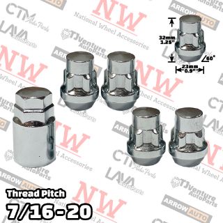 Picture of 1 Set | 1.25” Tall | Chrome | 7/16-20 Thread | Bulge Acorn | 5-Point Anti-Theft Wheel Lock Lug Nuts | Plus Security Key