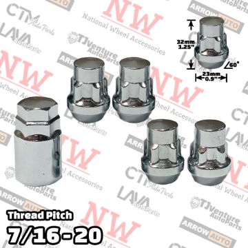 Show details for 1 Set | 1.25” Tall | Chrome | 7/16-20 Thread | Bulge Acorn | 5-Point Anti-Theft Wheel Lock Lug Nuts | Plus Security Key Picture of 1 Set | 1.25” Tall | Chrome | 7/16-20 Thread | Bulge Acorn | 5-Point Anti-Theft Wheel Lock Lug Nuts | Plus Security Key