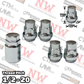 Picture of 1 Set | 1.25” Tall | Chrome | 1/2-20 Thread | Bulge Acorn | 5-Point Anti-Theft Wheel Lock Lug Nuts | Plus Security Key