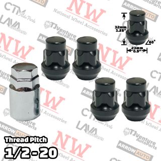 Picture of 1 Set | 1.25” Tall | Black | 1/2-20 Thread | Bulge Acorn | 5-Point Anti-Theft Wheel Lock Lug Nuts | Plus Security Key