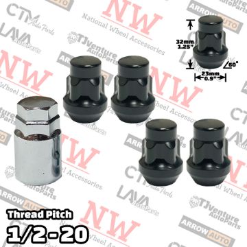 Show details for 1 Set | 1.25” Tall | Black | 1/2-20 Thread | Bulge Acorn | 5-Point Anti-Theft Wheel Lock Lug Nuts | Plus Security Key Picture of 1 Set | 1.25” Tall | Black | 1/2-20 Thread | Bulge Acorn | 5-Point Anti-Theft Wheel Lock Lug Nuts | Plus Security Key