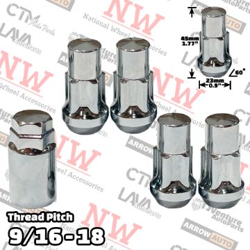 Show details for 1 Set | 1.77” Tall | Chrome | 9/16-18 Thread | Bulge Acorn | 5-Point Anti-Theft Wheel Lock Lug Nuts | Plus Security Key Picture of 1 Set | 1.77” Tall | Chrome | 9/16-18 Thread | Bulge Acorn | 5-Point Anti-Theft Wheel Lock Lug Nuts | Plus Security Key