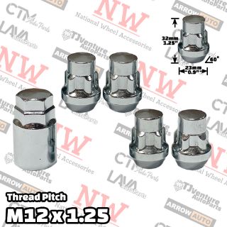 Picture of 1 Set | 1.25” Tall | Chrome | 12x1.25 Thread | Bulge Acorn | 5-Point Anti-Theft Wheel Lock Lug Nuts | Plus Security Key