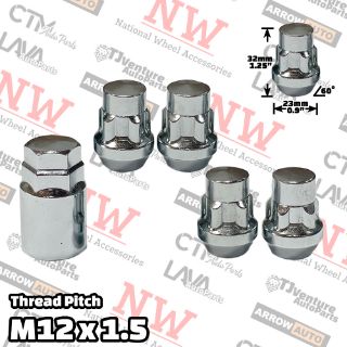 Picture of 1 Set | 1.25” Tall | Chrome | 12x1.5 Thread | Bulge Acorn | 5-Point Anti-Theft Wheel Lock Lug Nuts | Plus Security Key