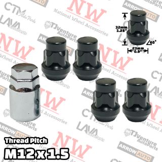 Picture of 1 Set | 1.25” Tall | Black | 12x1.5 Thread | Bulge Acorn | 5-Point Anti-Theft Wheel Lock Lug Nuts | Plus Security Key