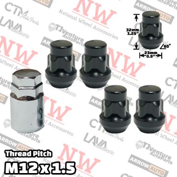 Show details for 1 Set | 1.25” Tall | Black | 12x1.5 Thread | Bulge Acorn | 5-Point Anti-Theft Wheel Lock Lug Nuts | Plus Security Key Picture of 1 Set | 1.25” Tall | Black | 12x1.5 Thread | Bulge Acorn | 5-Point Anti-Theft Wheel Lock Lug Nuts | Plus Security Key