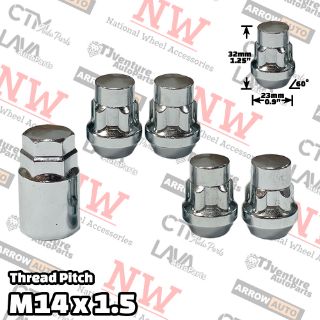 Picture of 1 Set | 1.25” Tall | Chrome | 14x1.5 Thread | Bulge Acorn | 5-Point Anti-Theft Wheel Lock Lug Nuts | Plus Security Key