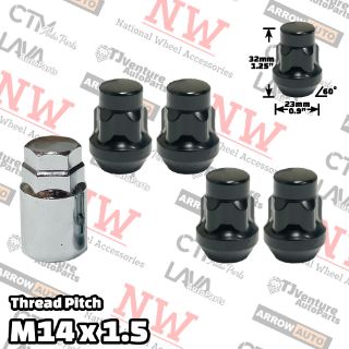 Picture of 1 Set | 1.25” Tall | Black | 14x1.5 Thread | Bulge Acorn | 5-Point Anti-Theft Wheel Lock Lug Nuts | Plus Security Key