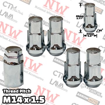 Show details for 1 Set | 1.77” Tall | Chrome | 14x1.5 Thread | Bulge Acorn | 5-Point Anti-Theft Wheel Lock Lug Nuts | Plus Security Key Picture of 1 Set | 1.77” Tall | Chrome | 14x1.5 Thread | Bulge Acorn | 5-Point Anti-Theft Wheel Lock Lug Nuts | Plus Security Key