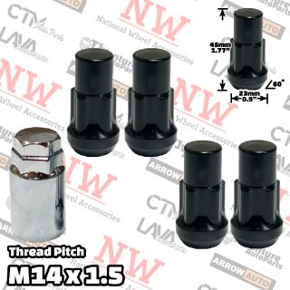 Picture of 1 Set | 1.77” Tall | Black | 14x1.5 Thread | Bulge Acorn | 5-Point Anti-Theft Wheel Lock Lug Nuts | Plus Security Key