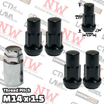 Show details for 1 Set | 1.77” Tall | Black | 14x1.5 Thread | Bulge Acorn | 5-Point Anti-Theft Wheel Lock Lug Nuts | Plus Security Key Picture of 1 Set | 1.77” Tall | Black | 14x1.5 Thread | Bulge Acorn | 5-Point Anti-Theft Wheel Lock Lug Nuts | Plus Security Key