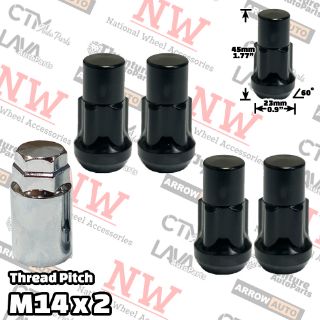 Picture of 1 Set | 1.77” Tall | Black | 14x2 Thread | Bulge Acorn | 5-Point Anti-Theft Wheel Lock Lug Nuts | Plus Security Key