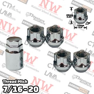 Picture of 1 Set | Chrome | 7/16-20 Thread | Open End Bulge Acorn | 5-Point Anti-Theft Wheel Lock Lug Nuts | Plus Security Key