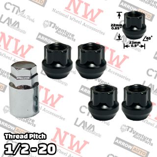 Picture of 1 Set | Black | 1/2-20 Thread | Open End Bulge Acorn | 5-Point Anti-Theft Wheel Lock Lug Nuts | Plus Security Key