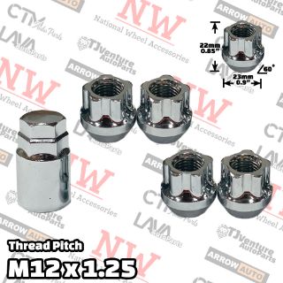 Picture of 1 Set | Chrome | 12x1.25 Thread | Open End Bulge Acorn | 5-Point Anti-Theft Wheel Lock Lug Nuts | Plus Security Key