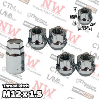 Picture of 1 Set | Chrome | 12x1.5 Thread | Open End Bulge Acorn | 5-Point Anti-Theft Wheel Lock Lug Nuts | Plus Security Key