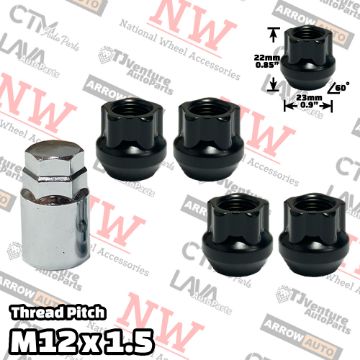 Show details for 1 Set | Black | 12x1.5 Thread | Open End Bulge Acorn | 5-Point Anti-Theft Wheel Lock Lug Nuts | Plus Security Key Picture of 1 Set | Black | 12x1.5 Thread | Open End Bulge Acorn | 5-Point Anti-Theft Wheel Lock Lug Nuts | Plus Security Key