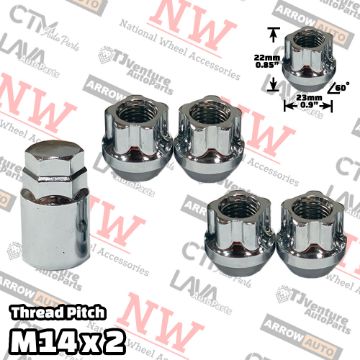 Show details for 1 Set | Chrome | 14x2 Thread | Open End Bulge Acorn | 5-Point Anti-Theft Wheel Lock Lug Nuts | Plus Security Key Picture of 1 Set | Chrome | 14x2 Thread | Open End Bulge Acorn | 5-Point Anti-Theft Wheel Lock Lug Nuts | Plus Security Key