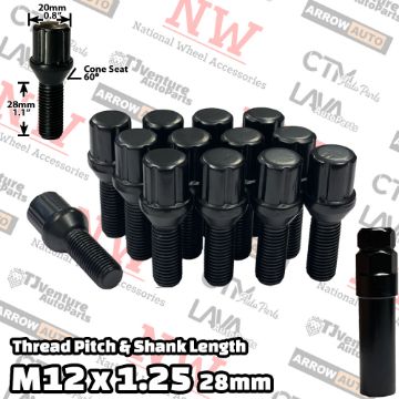 Show details for 20-Piece Set | Black | 12x1.25 Thread | 28mm Shank | 6 Spline Tuner Locker | Performance Wheel Lug Bolts | Plus Security Socket Picture of 20-Piece Set | Black | 12x1.25 Thread | 28mm Shank | 6 Spline Tuner Locker | Performance Wheel Lug Bolts | Plus Security Socket
