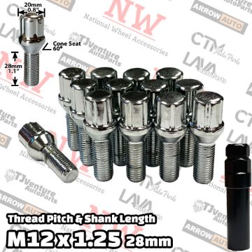 Show details for 20-Piece Set | Chrome | 12x1.25 Thread | 28mm Shank | 6 Spline Tuner Locker | Performance Wheel Lug Bolts | Plus Security Socket Picture of 20-Piece Set | Chrome | 12x1.25 Thread | 28mm Shank | 6 Spline Tuner Locker | Performance Wheel Lug Bolts | Plus Security Socket