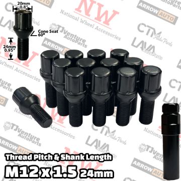 Show details for 20-Piece Set | Black | 12x1.5 Thread | 24mm Shank | 6 Spline Tuner Locker | Performance Wheel Lug Bolts | Plus Security Socket Picture of 20-Piece Set | Black | 12x1.5 Thread | 24mm Shank | 6 Spline Tuner Locker | Performance Wheel Lug Bolts | Plus Security Socket