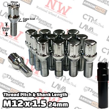 Show details for 20-Piece Set | Chrome | 12x1.5 Thread | 24mm Shank | 6 Spline Tuner Locker | Performance Wheel Lug Bolts | Aftermarket Wheels Only | Plus Security Socket Picture of 20-Piece Set | Chrome | 12x1.5 Thread | 24mm Shank | 6 Spline Tuner Locker | Performance Wheel Lug Bolts | Aftermarket Wheels Only | Plus Security Socket