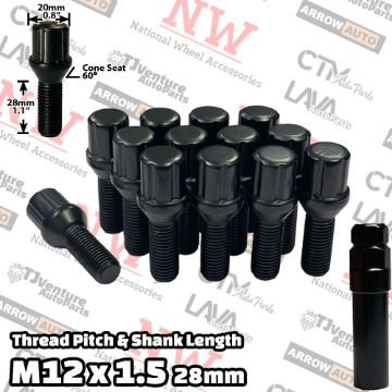 Show details for 20-Piece Set | Black | 12x1.5 Thread | 28mm Shank | 6 Spline Tuner Locker | Performance Wheel Lug Bolts | Aftermarket Wheels Only | Plus Security Socket Picture of 20-Piece Set | Black | 12x1.5 Thread | 28mm Shank | 6 Spline Tuner Locker | Performance Wheel Lug Bolts | Aftermarket Wheels Only | Plus Security Socket