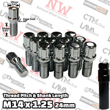 Show details for 20-Piece Set | Chrome | 14x1.25 Thread | 24mm Shank | 6 Spline Tuner Locker | Performance Wheel Lug Bolts | Plus Security Socket Picture of 20-Piece Set | Chrome | 14x1.25 Thread | 24mm Shank | 6 Spline Tuner Locker | Performance Wheel Lug Bolts | Plus Security Socket