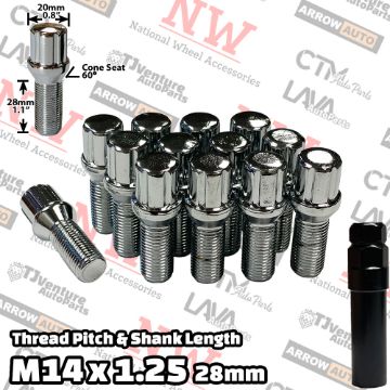 Show details for 20-Piece Set | Chrome | 14x1.25 Thread | 28mm Shank | 6 Spline Tuner Locker | Performance Wheel Lug Bolts | Plus Security Socket Picture of 20-Piece Set | Chrome | 14x1.25 Thread | 28mm Shank | 6 Spline Tuner Locker | Performance Wheel Lug Bolts | Plus Security Socket