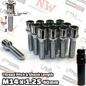 Show details for 20-Piece Set | Chrome | 14x1.25 Thread | 40mm Extended Shank | 6 Spline Tuner Locker | Performance Wheel Lug Bolts | For 10-15mm Spacers | Plus Security Socket Picture of 20-Piece Set | Chrome | 14x1.25 Thread | 40mm Extended Shank | 6 Spline Tuner Locker | Performance Wheel Lug Bolts | For 10-15mm Spacers | Plus Security Socket