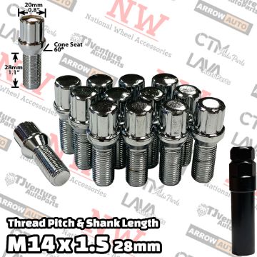 Show details for 20-Piece Set | Chrome | 14x1.5 Thread | 28mm Shank | 6 Spline Tuner Locker | Performance Wheel Lug Bolts | Plus Security Socket Picture of 20-Piece Set | Chrome | 14x1.5 Thread | 28mm Shank | 6 Spline Tuner Locker | Performance Wheel Lug Bolts | Plus Security Socket