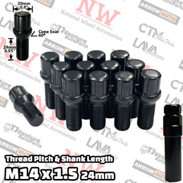 Show details for 20-Piece Set | Black | 14x1.5 Thread | 24mm Shank | 6 Spline Tuner Locker | Performance Wheel Lug Bolts | Aftermarket Wheels Only | Plus Security Socket Picture of 20-Piece Set | Black | 14x1.5 Thread | 24mm Shank | 6 Spline Tuner Locker | Performance Wheel Lug Bolts | Aftermarket Wheels Only | Plus Security Socket