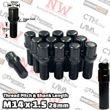 Show details for 20-Piece Set | Black | 14x1.5 Thread | 28mm Shank | 6 Spline Tuner Locker | Performance Wheel Lug Bolts | Aftermarket Wheels Only | Plus Security Socket Picture of 20-Piece Set | Black | 14x1.5 Thread | 28mm Shank | 6 Spline Tuner Locker | Performance Wheel Lug Bolts | Aftermarket Wheels Only | Plus Security Socket