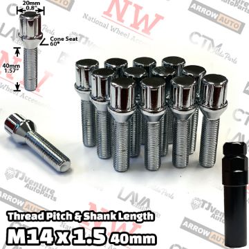 Show details for 20-Piece Set | Chrome | 14x1.5 Thread | 40mm Extended Shank | 6 Spline Tuner Locker | Performance Wheel Lug Bolts | For 10-15mm Spacers | Aftermarket Wheels Only | Plus Security Socket Picture of 20-Piece Set | Chrome | 14x1.5 Thread | 40mm Extended Shank | 6 Spline Tuner Locker | Performance Wheel Lug Bolts | For 10-15mm Spacers | Aftermarket Wheels Only | Plus Security Socket