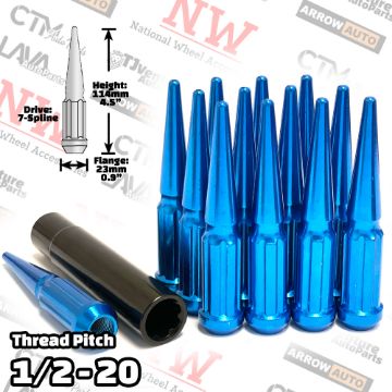 Show details for 32-Piece Set | 4.5” Tall | Blue | 1/2-20 Thread | 7 Spline Tuner Drive | Performance Spike Lug Nuts | Plus Security Socket Picture of 32-Piece Set | 4.5” Tall | Blue | 1/2-20 Thread | 7 Spline Tuner Drive | Performance Spike Lug Nuts | Plus Security Socket