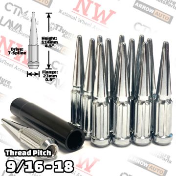 Show details for 32-Piece Set | 4.5” Tall | Chrome | 9/16-18 Thread | 7 Spline Tuner Drive | Performance Spike Lug Nuts | Plus Security Socket Picture of 32-Piece Set | 4.5” Tall | Chrome | 9/16-18 Thread | 7 Spline Tuner Drive | Performance Spike Lug Nuts | Plus Security Socket
