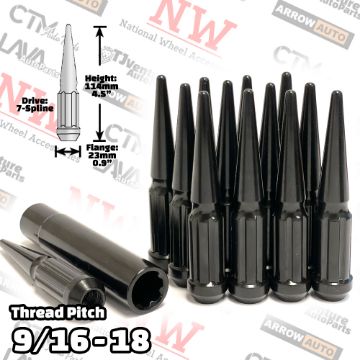 Show details for 32-Piece Set | 4.5” Tall | Black | 9/16-18 Thread | 7 Spline Tuner Drive | Performance Spike Lug Nuts | Plus Security Socket Picture of 32-Piece Set | 4.5” Tall | Black | 9/16-18 Thread | 7 Spline Tuner Drive | Performance Spike Lug Nuts | Plus Security Socket