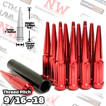 Show details for 32-Piece Set | 4.5” Tall | Red | 9/16-18 Thread | 7 Spline Tuner Drive | Performance Spike Lug Nuts | Plus Security Socket Picture of 32-Piece Set | 4.5” Tall | Red | 9/16-18 Thread | 7 Spline Tuner Drive | Performance Spike Lug Nuts | Plus Security Socket