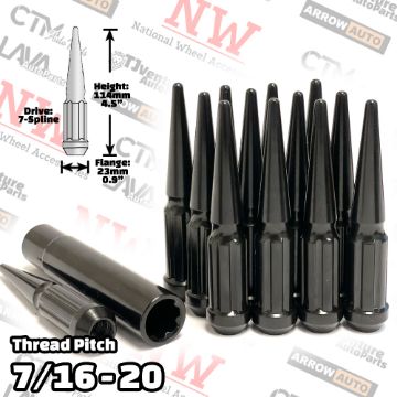 Show details for 24-Piece Set | 4.5” Tall | Black | 7/16-20 Thread | 7 Spline Tuner Drive | Performance Spike Lug Nuts | Plus Security Socket Picture of 24-Piece Set | 4.5” Tall | Black | 7/16-20 Thread | 7 Spline Tuner Drive | Performance Spike Lug Nuts | Plus Security Socket