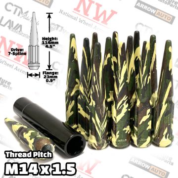 Show details for 24-Piece Set | 4.5” Tall | Tactical Camouflage | 14x1.5 Thread | 7 Spline Tuner Drive | Performance Spike Lug Nuts | Plus Security Socket Picture of 24-Piece Set | 4.5” Tall | Tactical Camouflage | 14x1.5 Thread | 7 Spline Tuner Drive | Performance Spike Lug Nuts | Plus Security Socket