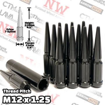 Show details for 20-Piece Set | 4.5” Tall | Black | 12x1.25 Thread | 7 Spline Tuner Drive | Performance Spike Lug Nuts | Plus Security Socket Picture of 20-Piece Set | 4.5” Tall | Black | 12x1.25 Thread | 7 Spline Tuner Drive | Performance Spike Lug Nuts | Plus Security Socket