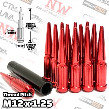 Show details for 24-Piece Set | 4.5” Tall | Red | 12x1.25 Thread | 7 Spline Tuner Drive | Performance Spike Lug Nuts | Plus Security Socket Picture of 24-Piece Set | 4.5” Tall | Red | 12x1.25 Thread | 7 Spline Tuner Drive | Performance Spike Lug Nuts | Plus Security Socket