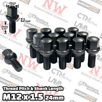 Show details for 20-Piece Set | Black | 12x1.5 Thread | 24mm Shank | R13 Ball Seat | Wheel Lug Bolts | Fit Mercedes Audi Stock Wheels Picture of 20-Piece Set | Black | 12x1.5 Thread | 24mm Shank | R13 Ball Seat | Wheel Lug Bolts | Fit Mercedes Audi Stock Wheels
