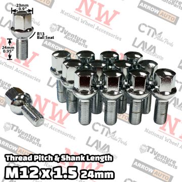 Show details for 20-Piece Set | Chrome | 12x1.5 Thread | 24mm Shank | R13 Ball Seat | Wheel Lug Bolts | Fit Mercedes Audi Stock Wheels Picture of 20-Piece Set | Chrome | 12x1.5 Thread | 24mm Shank | R13 Ball Seat | Wheel Lug Bolts | Fit Mercedes Audi Stock Wheels