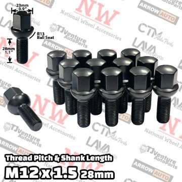 Show details for 10-Piece Set | Black | 12x1.5 Thread | 28mm Shank | R13 Ball Seat | Wheel Lug Bolts | Fit Mercedes Audi Stock Wheels Picture of 10-Piece Set | Black | 12x1.5 Thread | 28mm Shank | R13 Ball Seat | Wheel Lug Bolts | Fit Mercedes Audi Stock Wheels