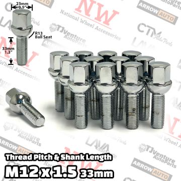 Show details for 10-Piece Set | Chrome | 12x1.5 Thread | 33mm Extended Shank | R13 Ball Seat | Wheel Lug Bolts | Fit Mercedes Audi Stock Wheels with 3-8mm Spacers Picture of 10-Piece Set | Chrome | 12x1.5 Thread | 33mm Extended Shank | R13 Ball Seat | Wheel Lug Bolts | Fit Mercedes Audi Stock Wheels with 3-8mm Spacers