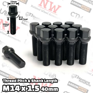 Show details for 20-Piece Set | Black | 14x1.5 Thread | 40 mm Extended Shank | R13 Ball Seat | Wheel Lug Bolts | Fit Mercedes Audi Volkswagen Porsche Bentley Stock Wheels with 10-15mm Spacers Picture of 20-Piece Set | Black | 14x1.5 Thread | 40 mm Extended Shank | R13 Ball Seat | Wheel Lug Bolts | Fit Mercedes Audi Volkswagen Porsche Bentley Stock Wheels with 10-15mm Spacers