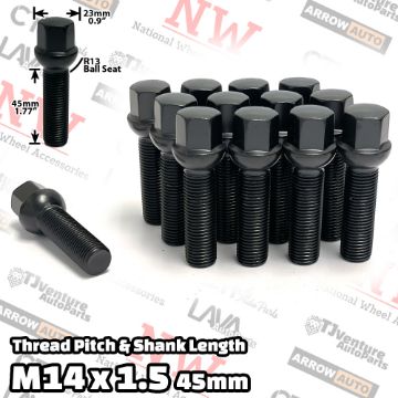 Show details for 20-Piece Set | Black | 14x1.5 Thread | 45 mm Extended Shank | R13 Ball Seat | Wheel Lug Bolts | Fit Mercedes Audi Volkswagen Porsche Bentley Stock Wheels with 15-20mm Spacers Picture of 20-Piece Set | Black | 14x1.5 Thread | 45 mm Extended Shank | R13 Ball Seat | Wheel Lug Bolts | Fit Mercedes Audi Volkswagen Porsche Bentley Stock Wheels with 15-20mm Spacers