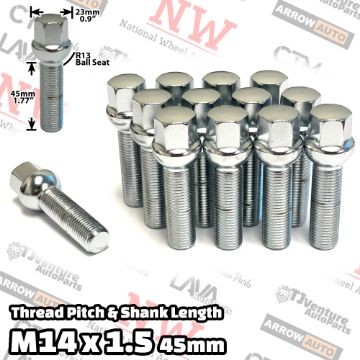 Show details for 10-Piece Set | Chrome | 14x1.5 Thread | 45 mm Extended Shank | R13 Ball Seat | Wheel Lug Bolts | Fit Mercedes Audi Volkswagen Porsche Bentley Stock Wheels with 15-20mm Spacers Picture of 10-Piece Set | Chrome | 14x1.5 Thread | 45 mm Extended Shank | R13 Ball Seat | Wheel Lug Bolts | Fit Mercedes Audi Volkswagen Porsche Bentley Stock Wheels with 15-20mm Spacers